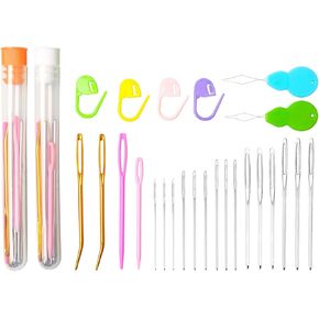 Hekisn 25Pcs Large Eye Blunt Yarn Needles kit, Assorted Sizes Bent Tapestry Darning Needle, Sewing Needles with Needle Threaders & Stitch Markers for Knitting Crochet (Green)
