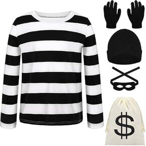 JUANSI Adult Halloweent Robber Costume Set Black and White Striped Tee Shirt Canvas Bag Gloves Eye Patch and Beanie Cap