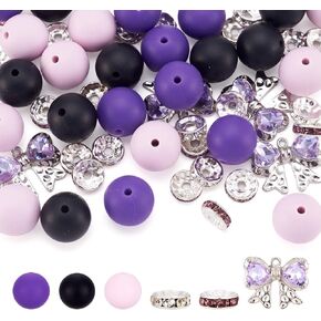 Boutigem 65Pcs Butterfly Silicone Beads Set Round Focal Beads Glass Rhinestone Beads Pink Bracelet Spacer Beads Crafts for DIY Lanyard Accessory Jewelry Making