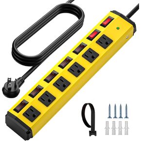 CRST Heavy Duty Power Strip with Individual Switches–6 Outlet 2 USB Ports, 15A/1875W Metal Power Strip Surge Protector Circuit Breaker 1200 Joules, 6FT Mountable Power Strip for Garage, Workshop, Home