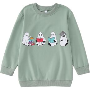IZYJOY Girl Boy Halloween Crewneck Sweatshirt Kids Cute Ghost Reading Book Pullover Tops Spooky Season Long Sleeve Shirts