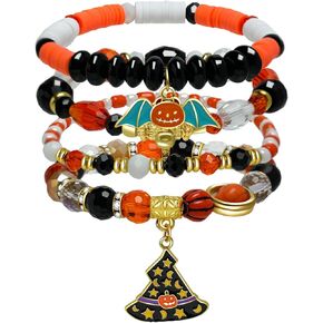 Artlunar 4pcs Halloween Bracelets Skull Pumpkin Bat Charm Bracelet Stackable Boo Witch Hat Stretch Bracelet for Women