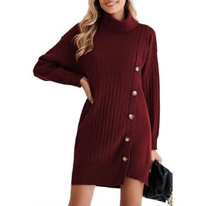 Pink Queen Women's Fall Winter Sweater Dress 2024 Loose Turtleneck Long Sleeve Cocktail Party Ribbed Knit Mini Dress Outfits