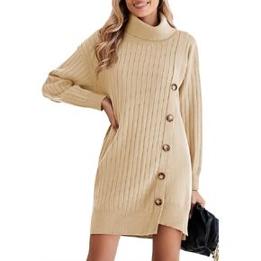 Pink Queen Women's Fall Winter Sweater Dress 2024 Loose Turtleneck Long Sleeve Cocktail Party Ribbed Knit Mini Dress Outfits