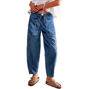 Women's Wide Leg Baggy Jeans Elastic Low Rise Barrel Jean Loose Boyfriend Denim Pants with Drawstring