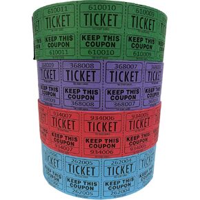The Ticket Gurus Raffle Tickets - (4 Rolls of 2000 Double Tickets) 8,000 Total 50/50 Raffle Tickets (Blue/Green/Red/Purple)