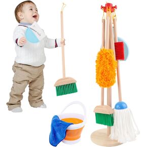Kids Cleaning Toys Set Pretend Play Broom and Dustpan for Baby 1 2 3 Year Old Boy Girl Birthday Gift 9 pcs Wooden Toddlers Play House Dust Mop Children Learning Housekeeping Preschool Activities