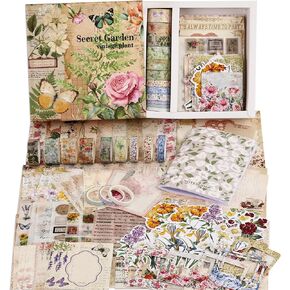 Vintage Botanical Scrapbooking Supplies Kit, Aesthetic Flower Scrapbook Kit for Bullet Junk Journal, 12 Rolls Washi Tape, Stickers Papers for DIY Journaling Supplies, Craft Gift for Girl Kid Women