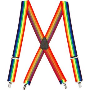Novelty Rainbow Striped Suspenders - 1.5-Inch Wide Elastic Straps - X-Back - Clip - 3 Sizes