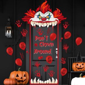 Pasimy Halloween Bulletin Board Decorations Set Clown Paper Cutouts Scary Bloody Handprints Classroom Door Decorations Spooky Don't Clown Around Decals for Wall Chalkboard Window Party Background