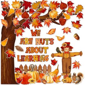 Pasimy 96 Pcs Fall Bulletin Board Decorations Thanksgiving Classroom Cardboard Cutouts Autumn Thanksgiving Pumpkin Maple Leaves Cut Outs for Autumn Harvest Classroom Wall Window Decor(Class)