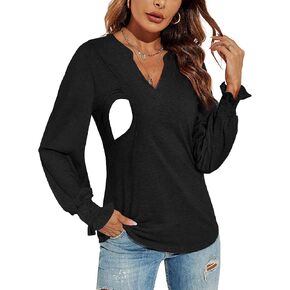 Womens Nursing T Shirts Breastfeeding Notch V Neck Puff Smocked Long Sleeve Tops