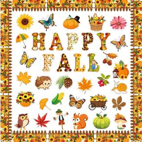 80 Pcs Fall Cutouts Bulletin Board Decorations Set,Autumn Pumpkin Maple Leaf Theme Cut Outs with 160 Pcs Glue Point for Classroom Thanksgiving Home Party Supplies Decor