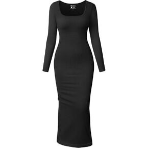 فستان OQQ نسائي طويل الأكمام طويل الأكمام ورقبة مربعة مضلعة فساتين ناعمة in Kuwait