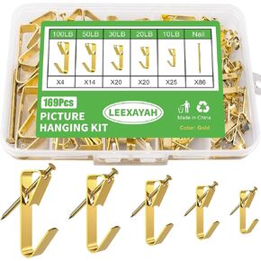 169 Picture Hook Sets, 10-100lb Picture Hanging Kit, Boxed 83 Metal Picture Hangers and 86 Nails, Suitable for Wooden Walls, Plasterboard Picture Hooks.