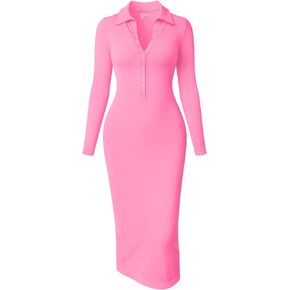 OQQ Women's Long Sleeve Maxi Dress Ribbed Back Slit Button Down Bodycon Soft Going Out Elegant Party Dresses