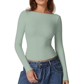 QINSEN Women's Sexy Open Back Long Sleeve Shirts High Neck Double Lined Tees Fitted Going Out Tops