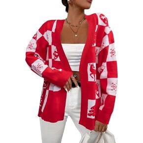Ugly Christmas Sweater Christmas Cardigan Checkered Sweaters Knit Cardigans for Women Xmas Open Front Outwear Coat