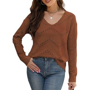 Poetsky Womens Sweaters Casual Long Sleeve Shirts Crochet V Neck Pullover Tops Knit Off Shoulder Sweater Top