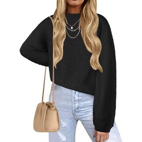 Womens 2024 Crew Neck Lantern Sleeve Casual Loose Ribbed Knit Solid Soft Pullover Sweater Tops