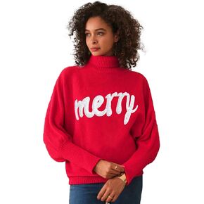 Women's Christmas Red Tops Trendy Batwing Sleeve Knit Sweater Loose Long Sleeve Turtleneck Pullover Sweaters
