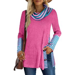 Miusey Women's Cowl Neck Pullover Sweaters Trendy Long Sleeve Lightweight Sweatshirts Side Split Tunic Tops with Buttons