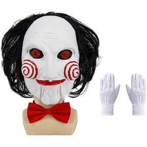 Saw Billy Puppet Costume Mask Adult Horror Movie Cosplay Full Head Latex Mask with Hair Halloween Costumes Scary Clown Puppet Masquerade with Red Bow Tie and Gloves EN043 in Kuwait