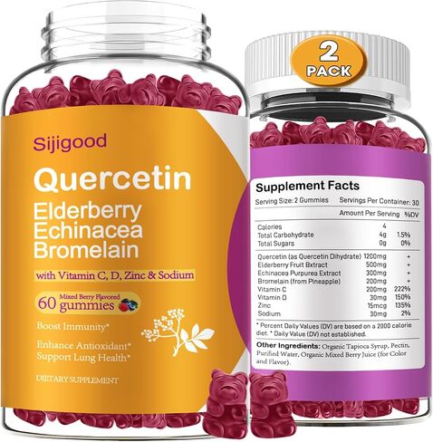 1200MG Quercetin Gummies with Bromelain, Elderberry, Echinacea, Vitamin C D Zinc - Immune System Support 60 Counts Pure Quercetin Gummies for Kids & Adults in Kuwait