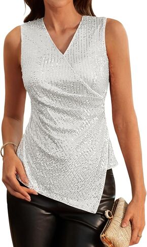 GRACE KARIN Women's 2024 Sequin Sparkly Tops Sleeveless V Neck Ruched Asymmetrical Sparkle Glitter Party Shirts Tops in Saudi Arabia