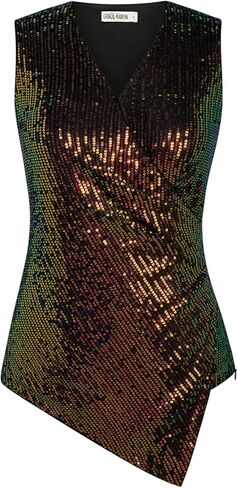 GRACE KARIN Women's 2024 Sequin Sparkly Tops Sleeveless V Neck Ruched Asymmetrical Sparkle Glitter Party Shirts Tops in Saudi Arabia