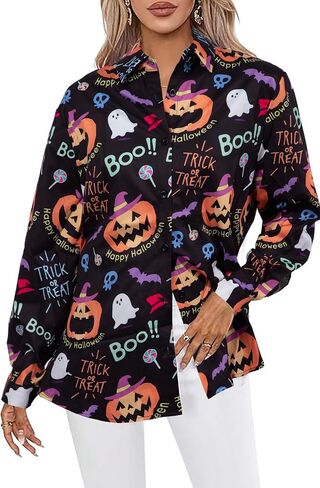 Halloween Shirts for Women Halloween Skeleton Shirt Funny Pumpkin Face Graphic Blouse Button Up Long Sleeve Tops in Saudi Arabia