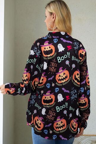 Halloween Shirts for Women Halloween Skeleton Shirt Funny Pumpkin Face Graphic Blouse Button Up Long Sleeve Tops in Saudi Arabia