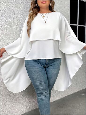 بلوزة قميص علوية فضفاضة للسيدات من MakeMeChic بمقاس كبير من الشيفون وأكمام ذات طبقات وعباءة فضفاضة in Saudi Arabia