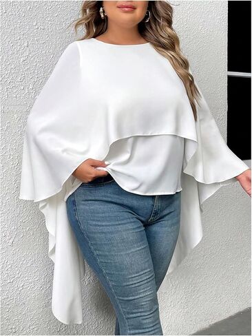 بلوزة قميص علوية فضفاضة للسيدات من MakeMeChic بمقاس كبير من الشيفون وأكمام ذات طبقات وعباءة فضفاضة in Saudi Arabia