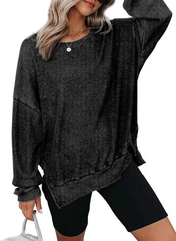 Dokotoo Womens Oversized Waffle Knit Crewneck Sweatshirts Long Sleeve Side Slits Casual Pullover Sweatshirt Tops in Kuwait