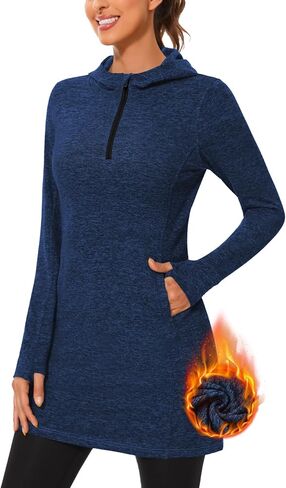WOWENY Women's Fleece Dress Thermal Sweatshirt Tunic Dress Long Quarter Zip Pullover Polar Winter Dress with Pocket in Kuwait