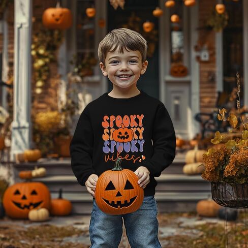 Halloween Sweatshirts for Boys Girls Spooky Vibes Pullover Long Sleeve Shirt Ghost Pumpkin Fall Clothes 1-10 Years in Saudi Arabia