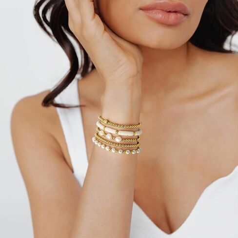 أساور الذهب للنساء سوار اللؤلؤ سوار الذهب كومة مطرز أساور للنساء 14K مطلية بالذهب تمتد حبة الكرة سوار مجموعات مجوهرات لهدايا عيد الميلاد عيد الميلاد in Kuwait