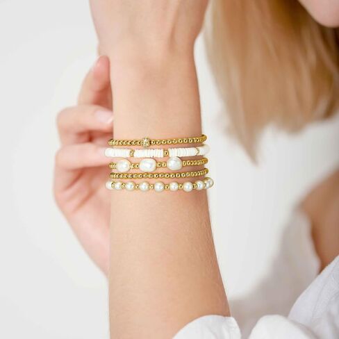 أساور الذهب للنساء سوار اللؤلؤ سوار الذهب كومة مطرز أساور للنساء 14K مطلية بالذهب تمتد حبة الكرة سوار مجموعات مجوهرات لهدايا عيد الميلاد عيد الميلاد in Kuwait