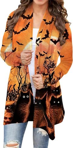 For G and PL Women's Halloween Pumpkin Cat Lightweight Knitted Cardigan Long Sleeve Open Front Outwear with Pockets in Saudi Arabia