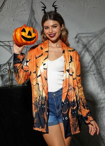 For G and PL Women's Halloween Pumpkin Cat Lightweight Knitted Cardigan Long Sleeve Open Front Outwear with Pockets in Saudi Arabia