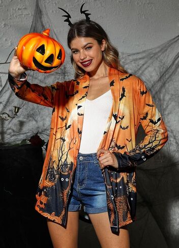 For G and PL Women's Halloween Pumpkin Cat Lightweight Knitted Cardigan Long Sleeve Open Front Outwear with Pockets in Saudi Arabia