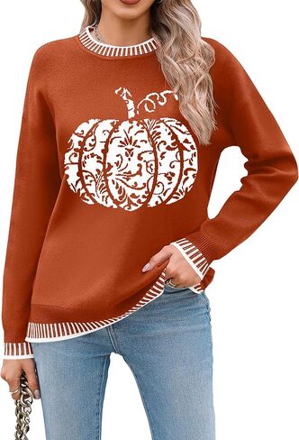Halloween Sweaters for Woman: Funny Pumpkin Sweater Fall Knitted Pullover Sweaters Long Sleeve Tops in Saudi Arabia
