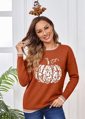 Halloween Sweaters for Woman: Funny Pumpkin Sweater Fall Knitted Pullover Sweaters Long Sleeve Tops in Saudi Arabia
