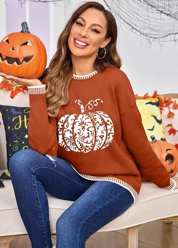 Halloween Sweaters for Woman: Funny Pumpkin Sweater Fall Knitted Pullover Sweaters Long Sleeve Tops in Saudi Arabia