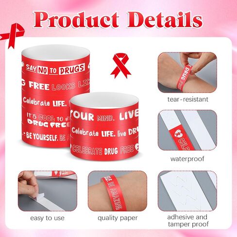 2400 Pcs Drug Free Wristband Bulk 12 Style Red Ribbon Bracelets Red Ribbon Wristbands Tamper Proof Design Red Ribbon Week Awareness Supplies for Red Ribbon Week Drugs Free Campaigns Events in Saudi Arabia