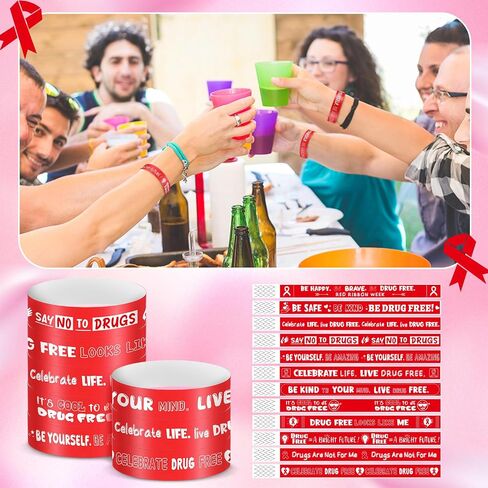2400 Pcs Drug Free Wristband Bulk 12 Style Red Ribbon Bracelets Red Ribbon Wristbands Tamper Proof Design Red Ribbon Week Awareness Supplies for Red Ribbon Week Drugs Free Campaigns Events in Saudi Arabia