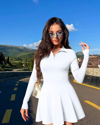 OQQ Womens Dress Casual Long Sleeve Elastic Simple A-Line Zipper Mini Dress in Kuwait