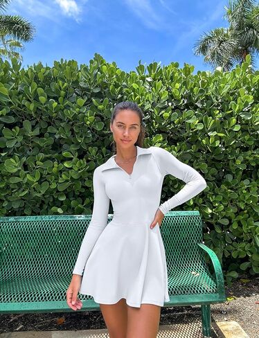 OQQ Womens Dress Casual Long Sleeve Elastic Simple A-Line Zipper Mini Dress in Kuwait