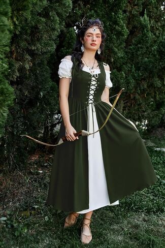 Scarlet Darkness Women Renaissance Dress Peasant Medieval Dress Short Sleeve Maxi Dress in Kuwait